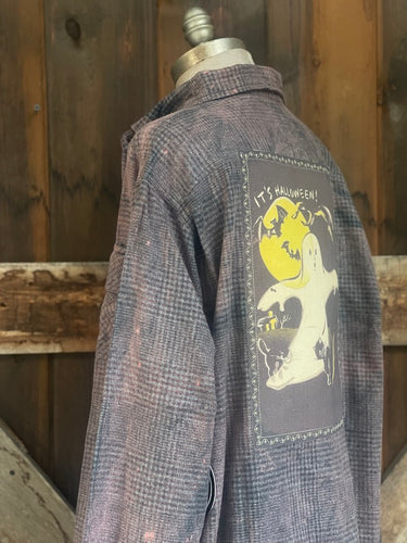 BOO! Ghost Art Flannel- Distressed Grey Plaid